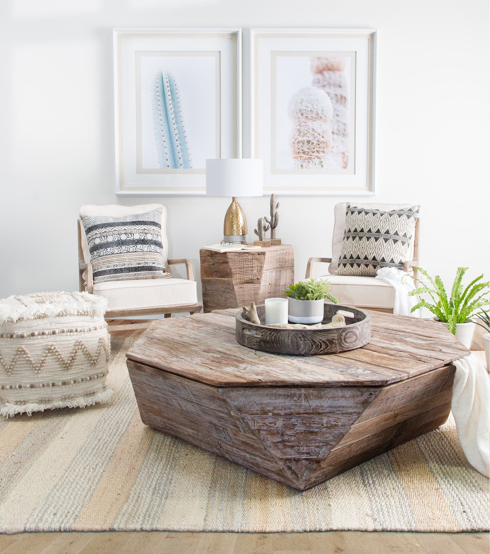 Mesa de centro Octogan de madera maciza con tapa abatible y almacenamiento