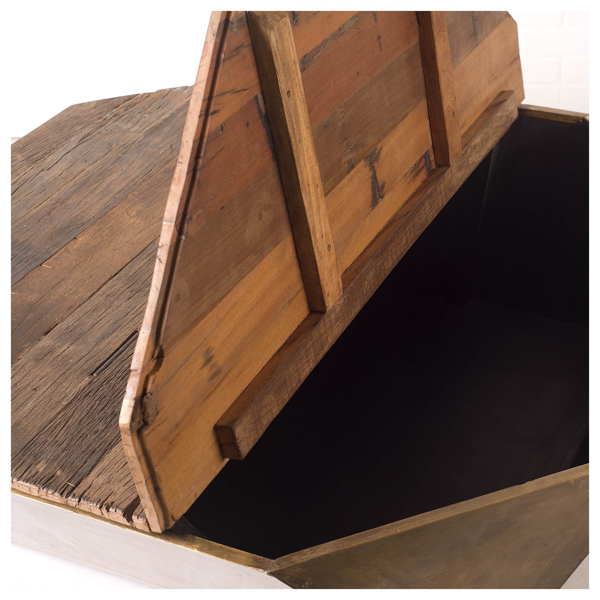 Hexagon Hinged Solid Wood Brass Metal Coffee Table W Storage