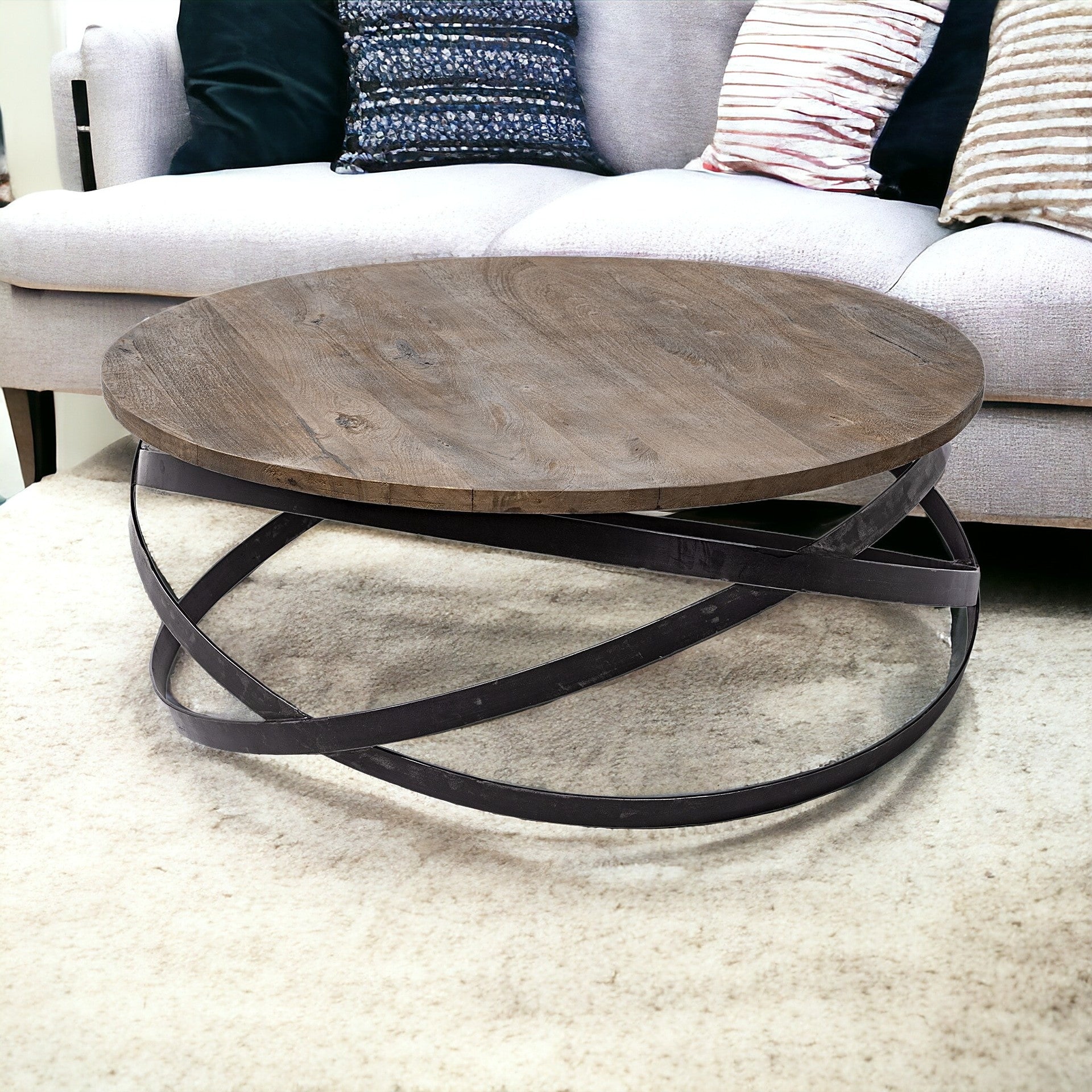 40.5" Round Solid Wood Top Black Metal Base Coffee Table