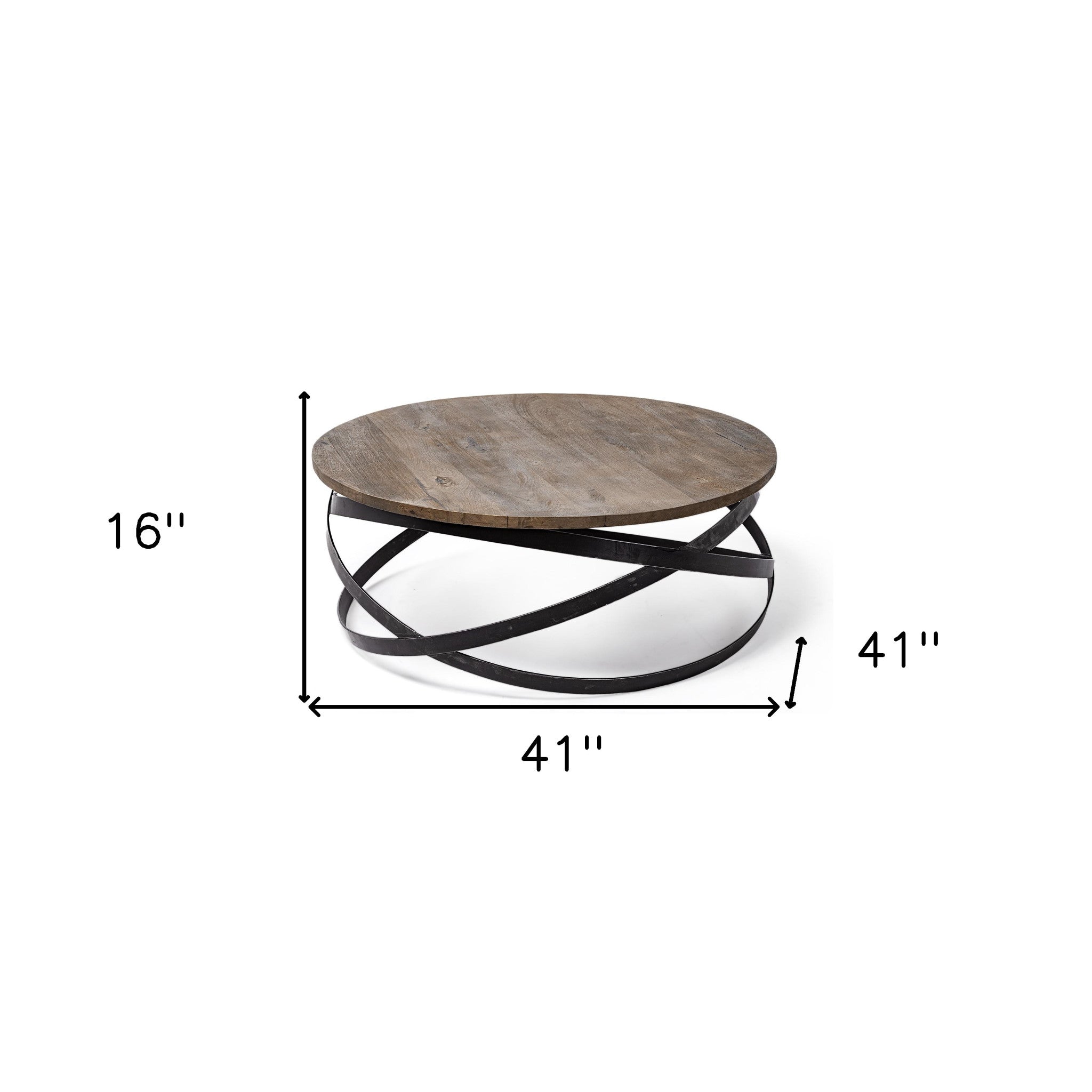 40.5" Round Solid Wood Top Black Metal Base Coffee Table