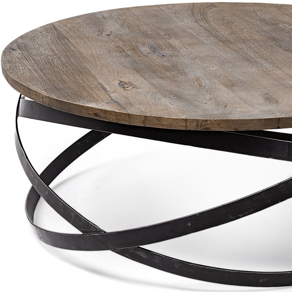 40.5" Round Solid Wood Top Black Metal Base Coffee Table