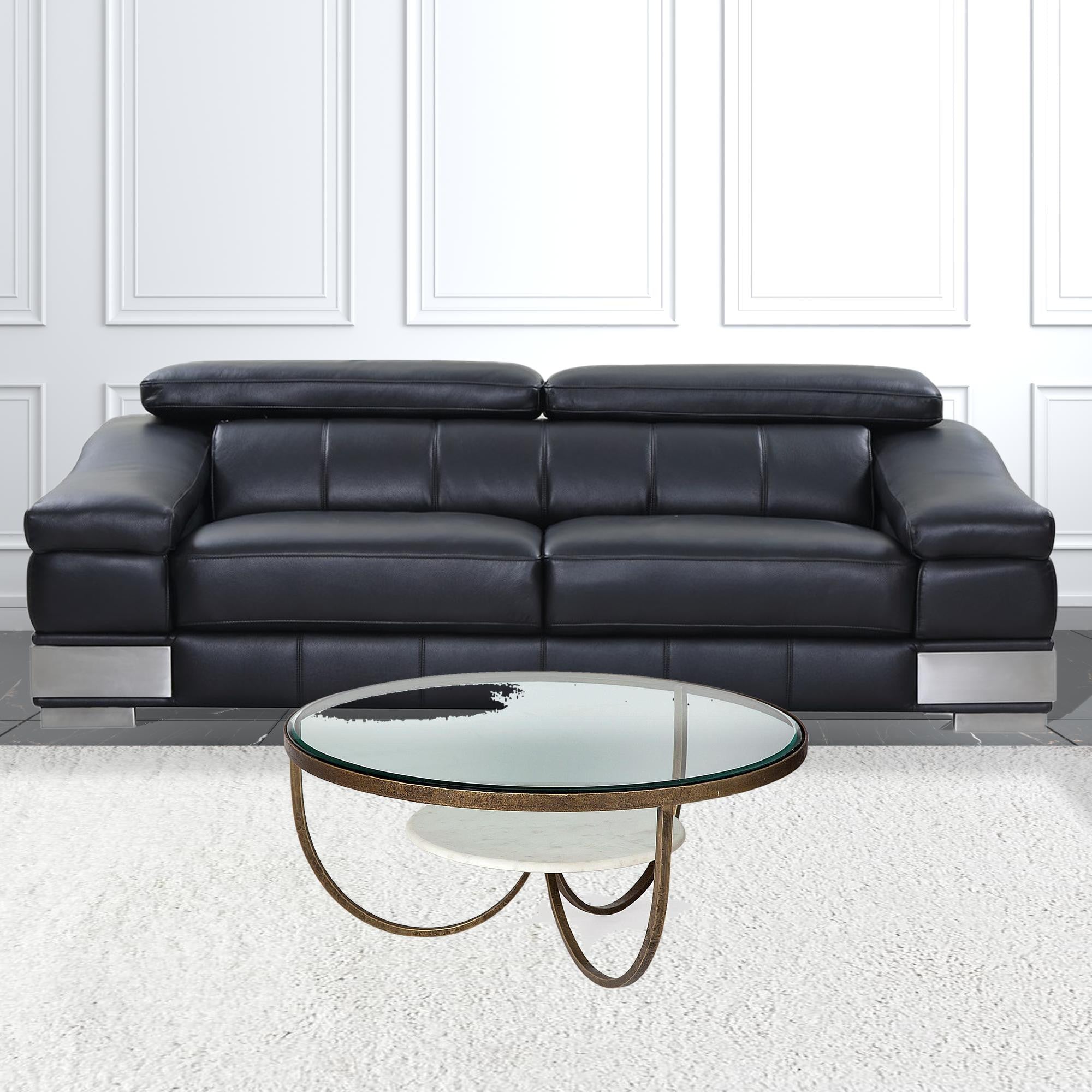 36" Round Glass Top Marble Shelf Gold Base Coffee Table