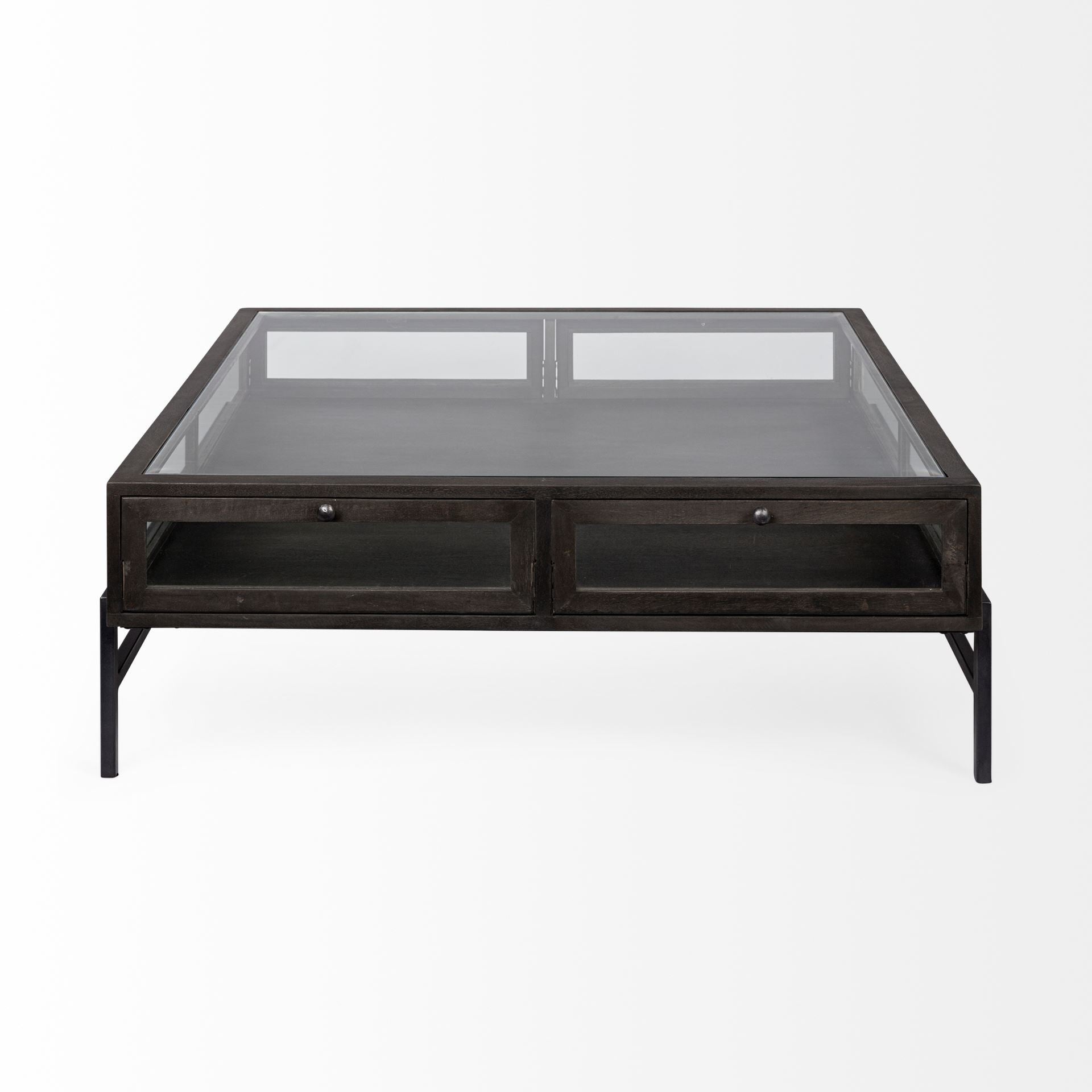 Mesa de centro expositora cuadrada con base de madera y metal negro con tapa de cristal y 2 cajones