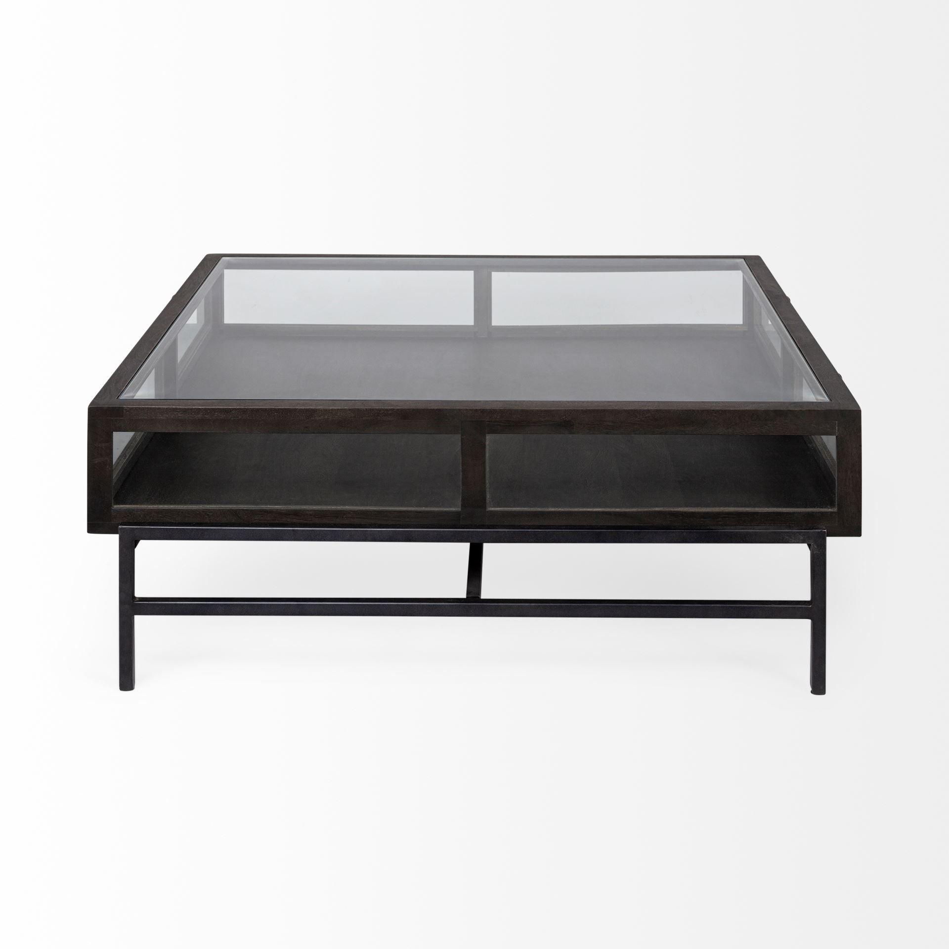 Mesa de centro expositora cuadrada con base de madera y metal negro con tapa de cristal y 2 cajones