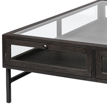 Mesa de centro expositora cuadrada con base de madera y metal negro con tapa de cristal y 2 cajones