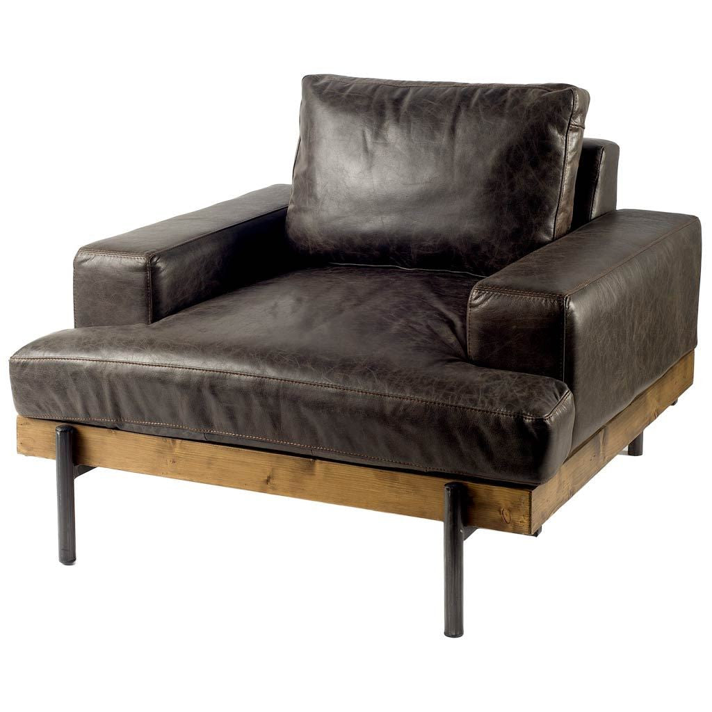 Dark Brown Moroccan Leather Wide Accent Chair With Wood And Black Iron Base