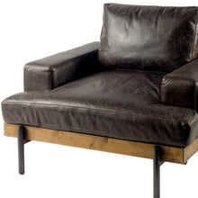 Dark Brown Moroccan Leather Wide Accent Chair With Wood And Black Iron Base