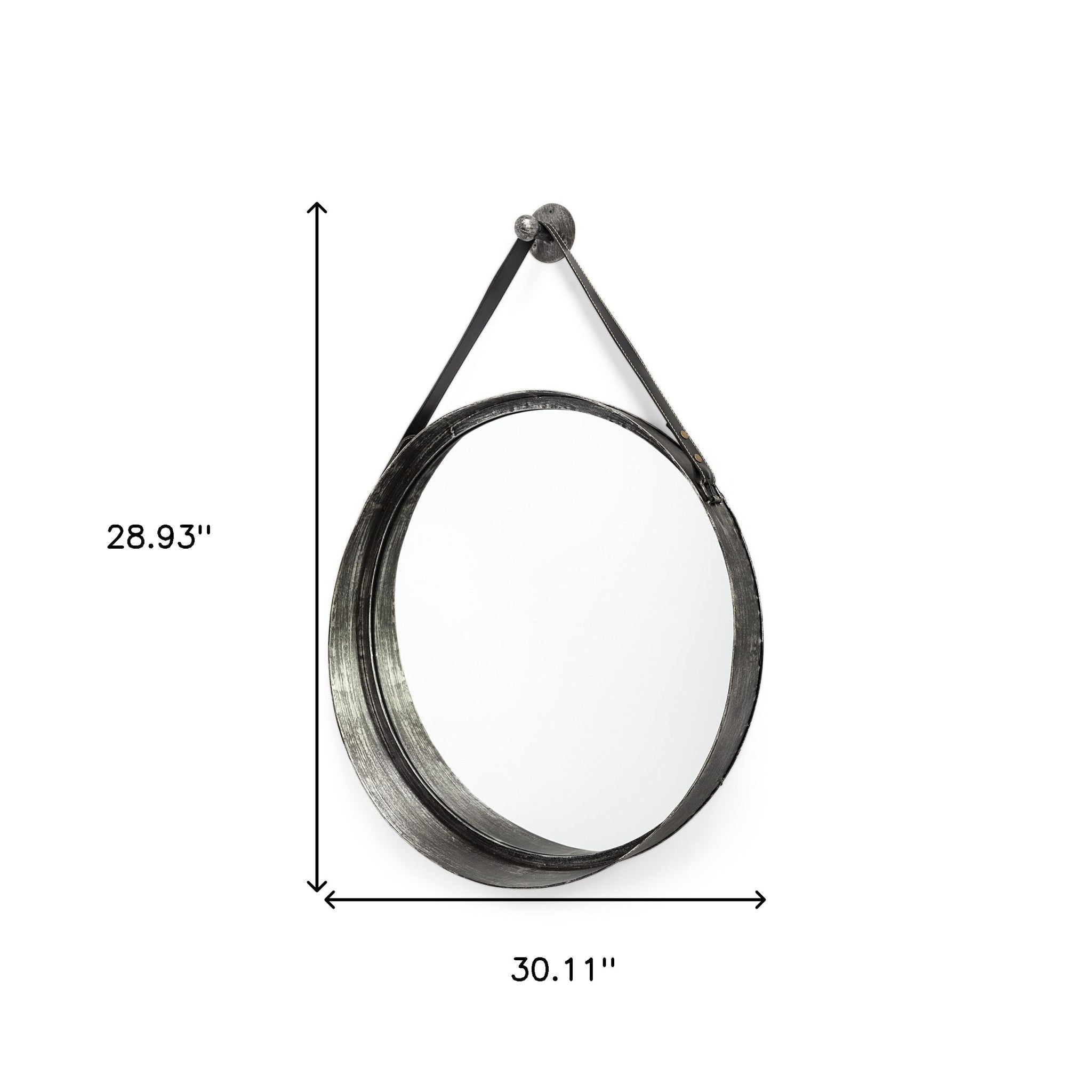 30" Round Black Metal Frame Wleather Strap Wall Mirror