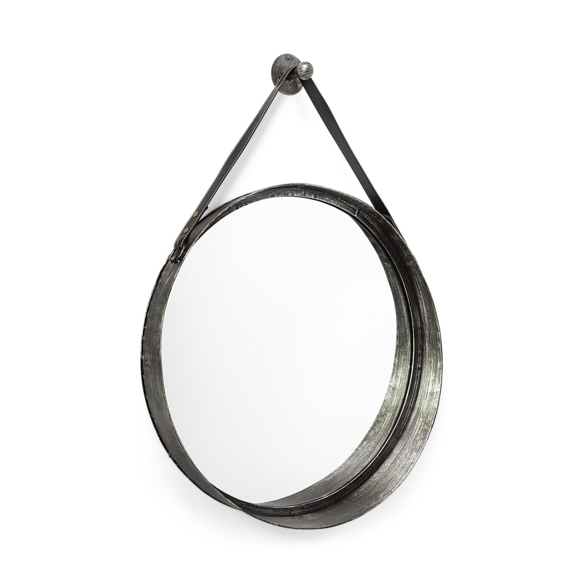 30" Round Black Metal Frame Wleather Strap Wall Mirror