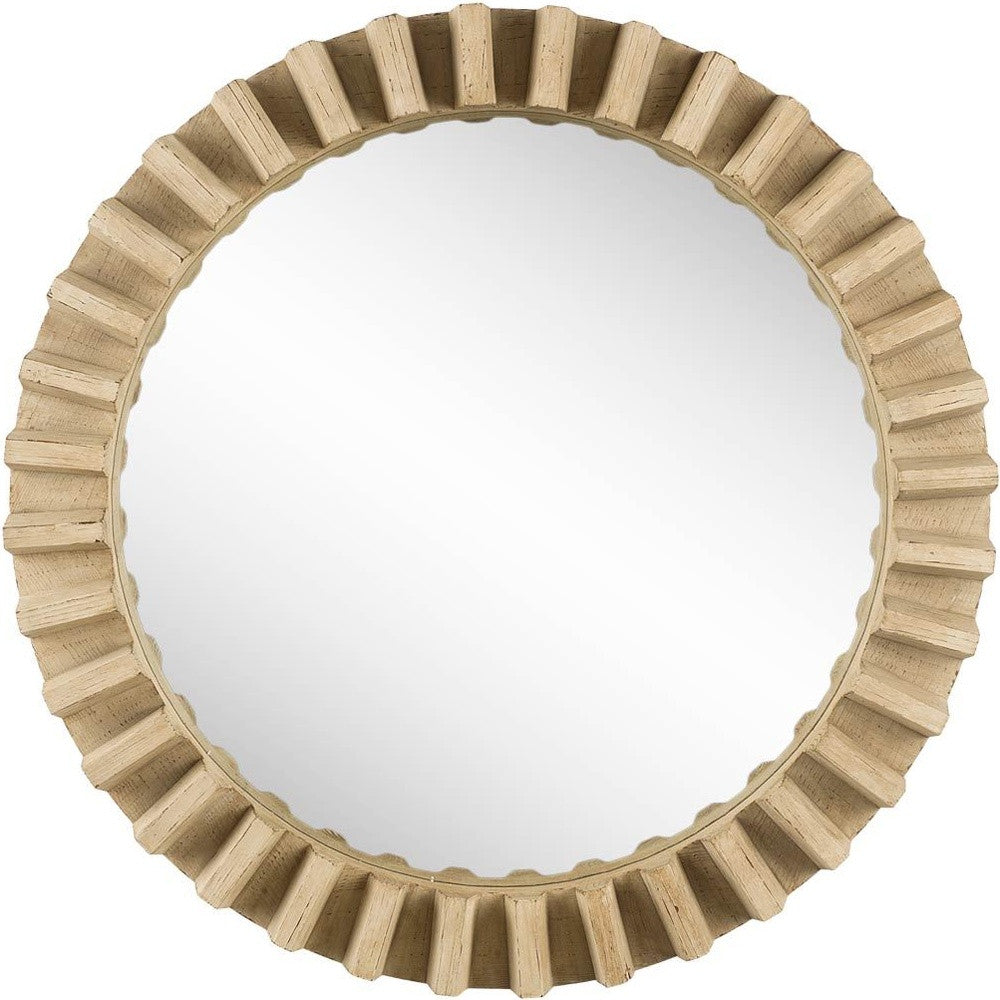 35" Round Natural Brown Wood Frame Wall Mirror