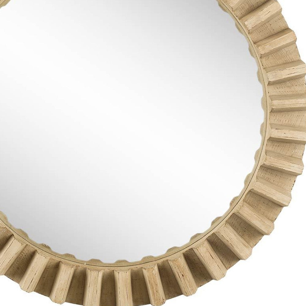 35" Round Natural Brown Wood Frame Wall Mirror