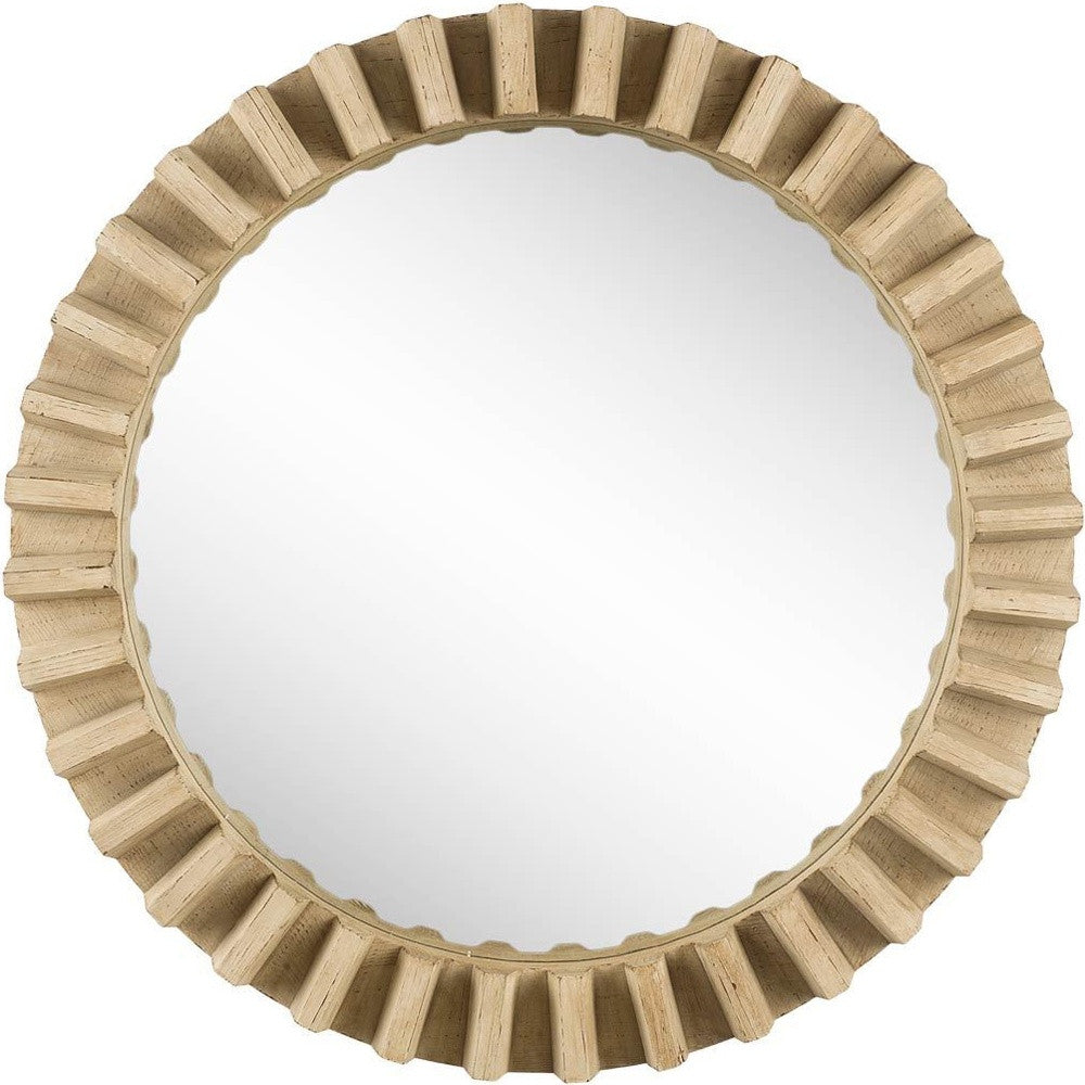 35" Round Natural Brown Wood Frame Wall Mirror