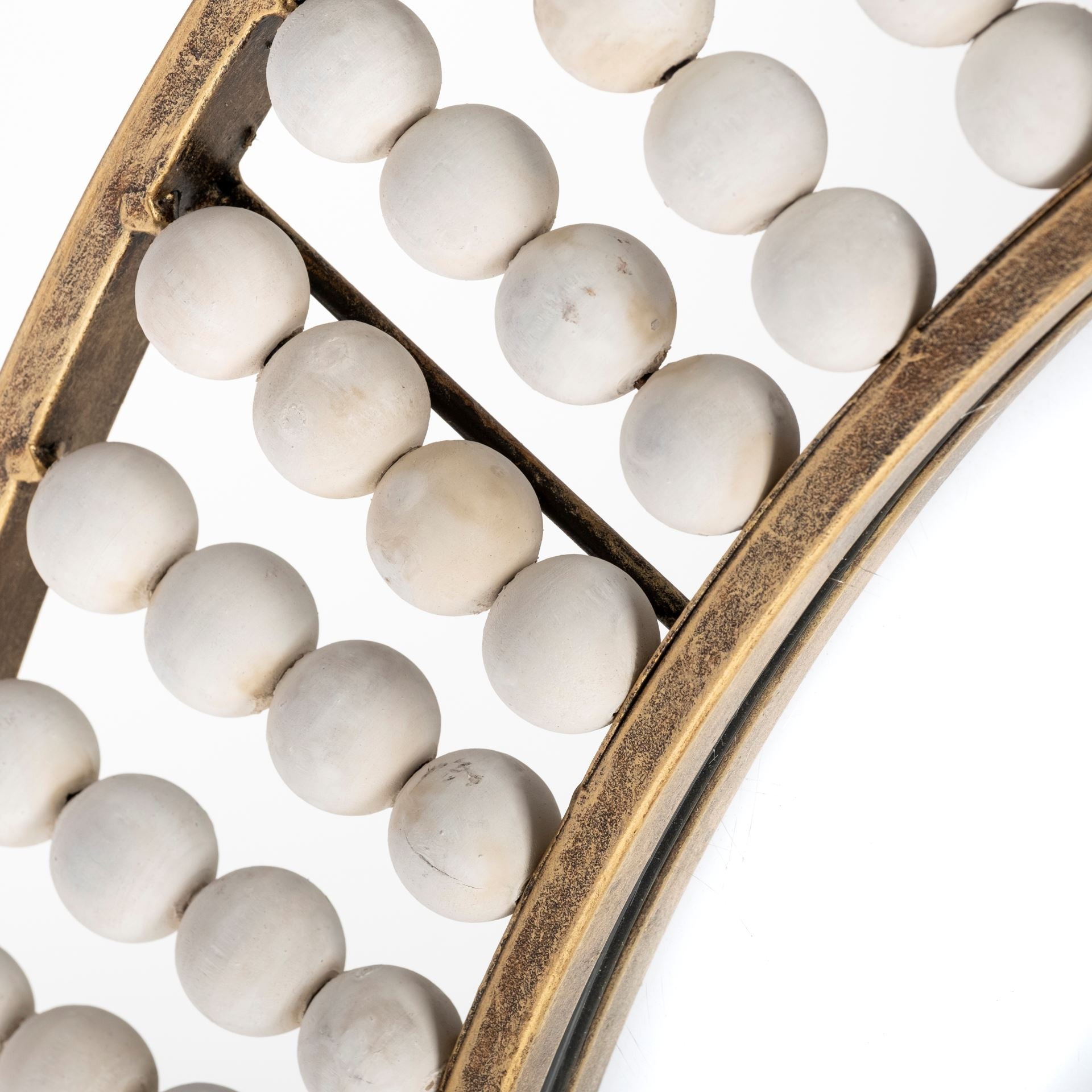 42" Round Gold Metal Frame Wall Mirror With White Wood Beads