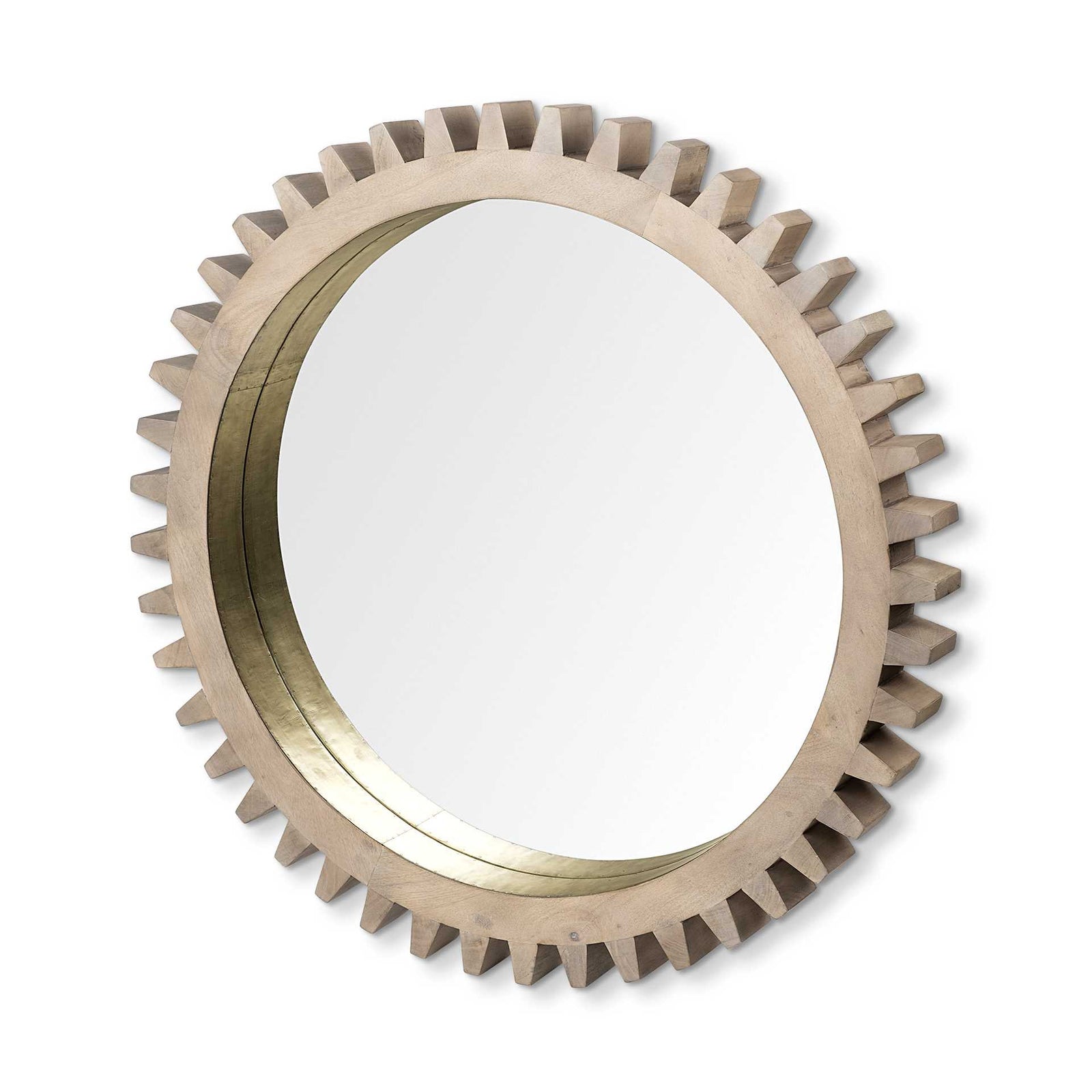 35" Round Brown Wood Frame With Brass Metal Lining Wall Mirror