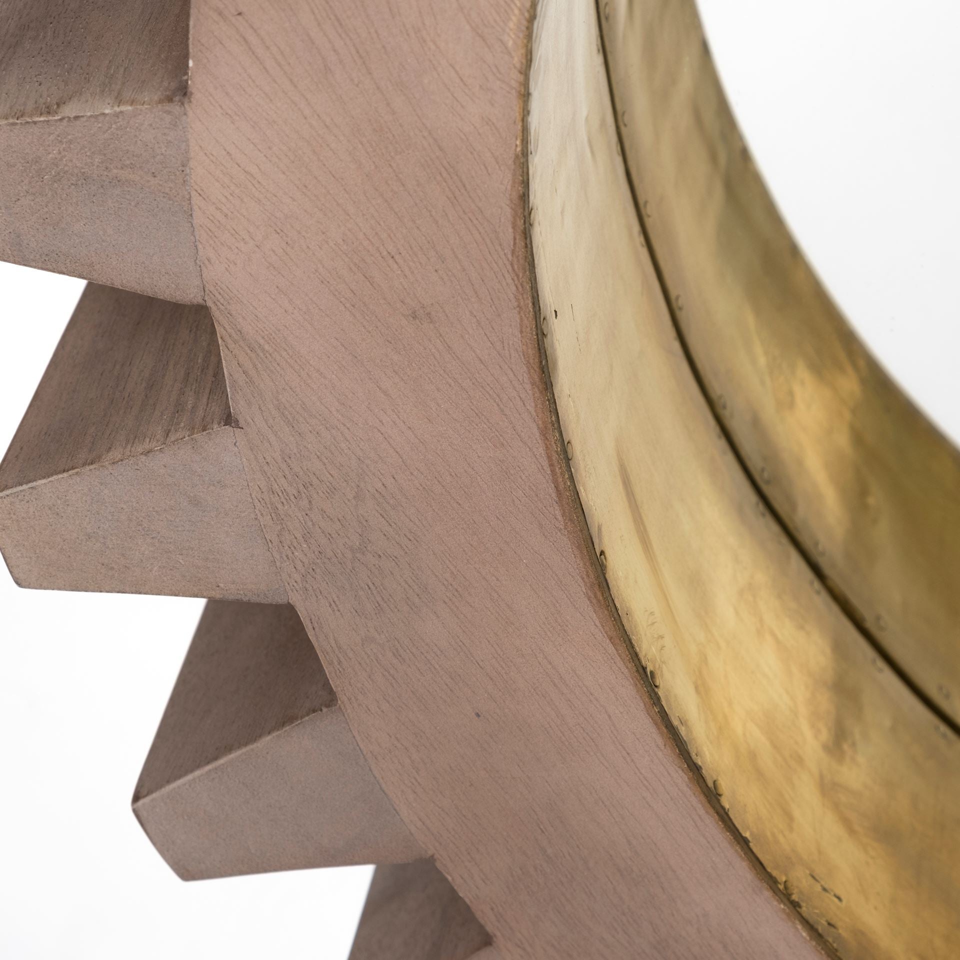 35" Round Brown Wood Frame With Brass Metal Lining Wall Mirror