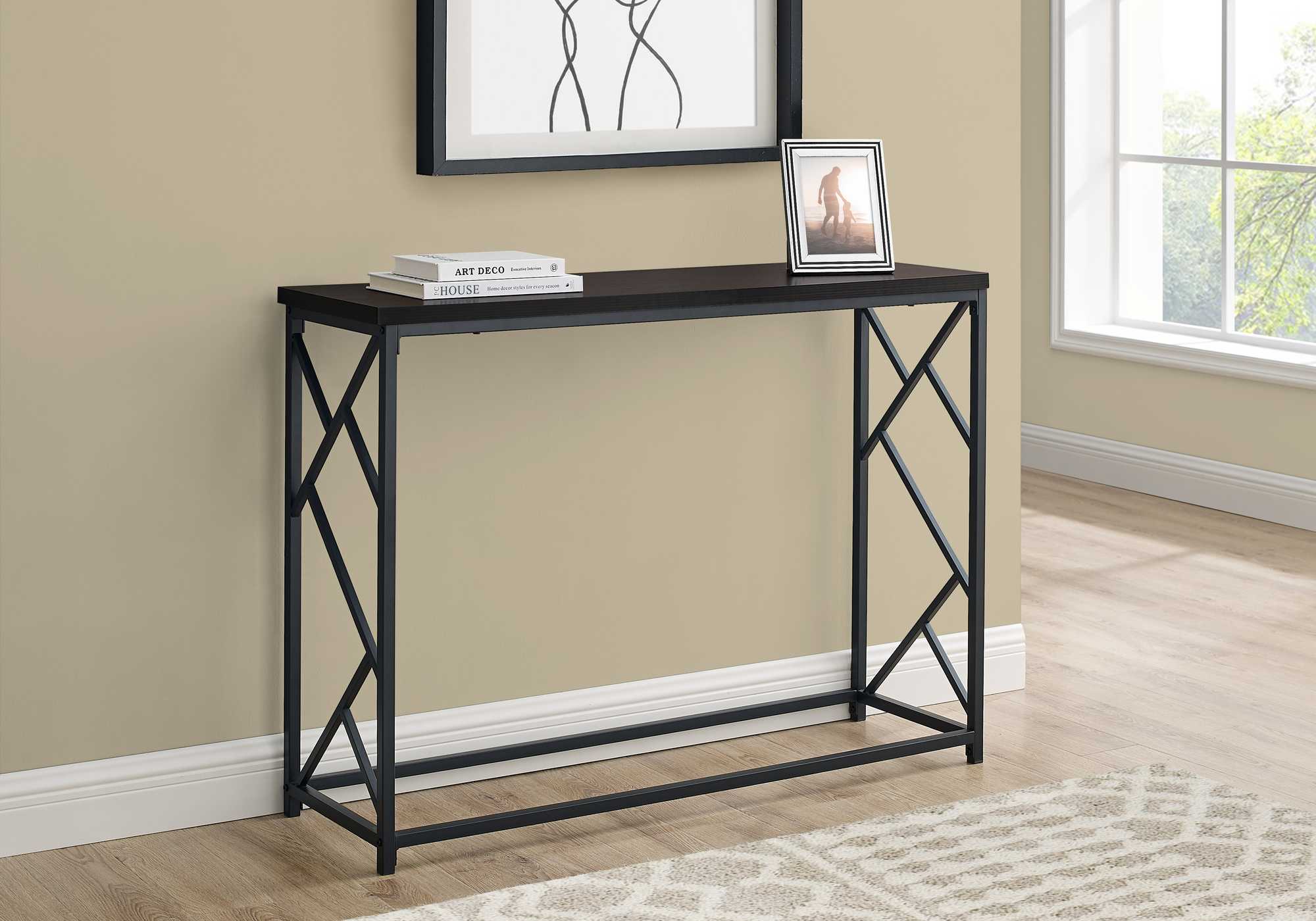 44" Rectangular Espressowithblack Metal Hall Console Accent Table