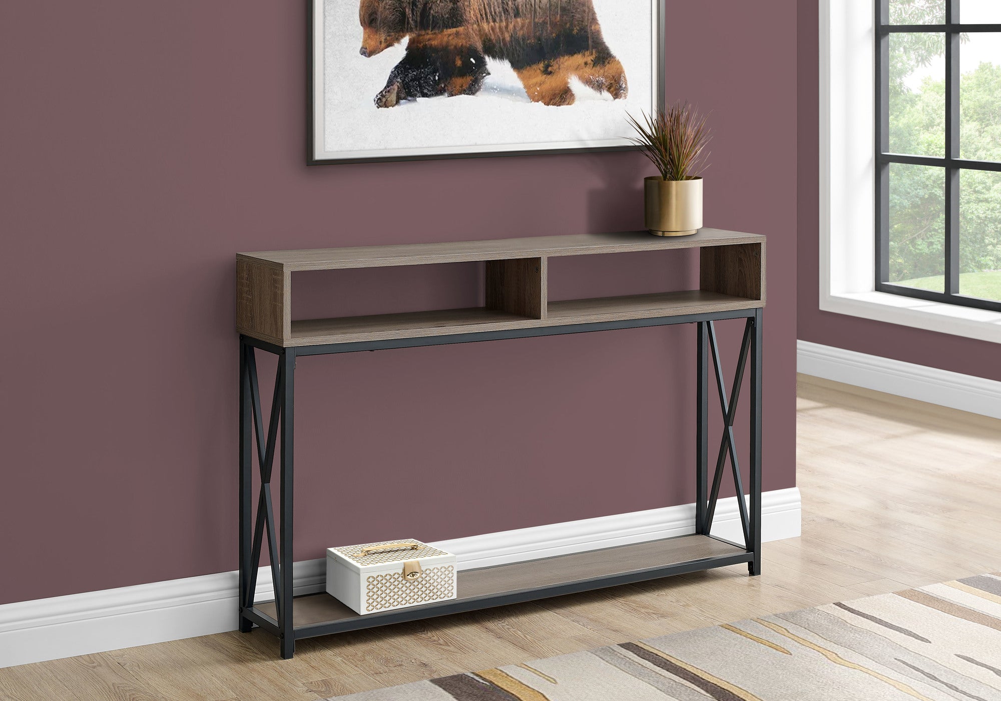 48" Rectangular Taupewithblack Metal Hall Console With 2 Shelves Accent Table