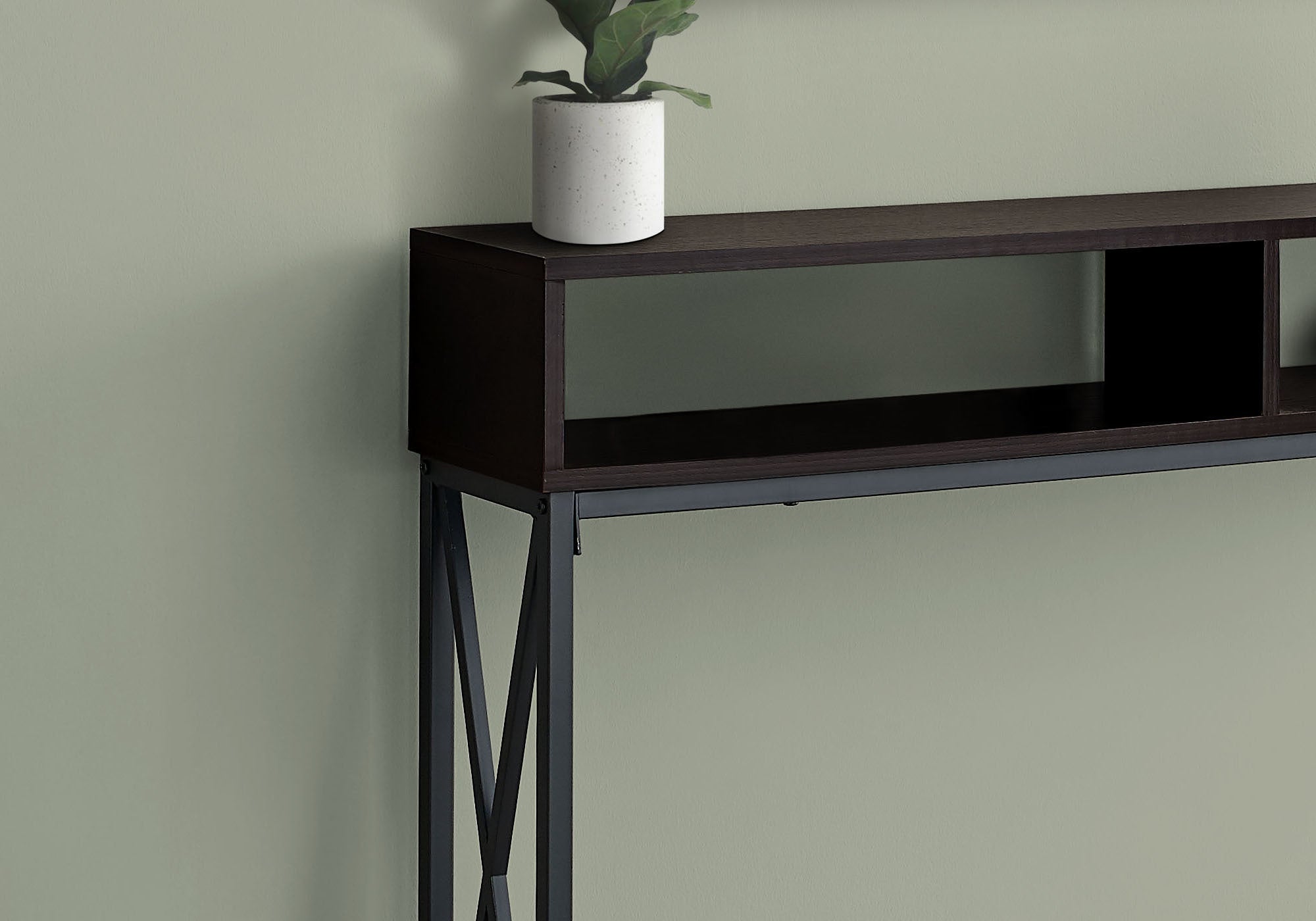48" Rectangular Espressowithblack Metal Hall Console With 2 Shelves Accent Table