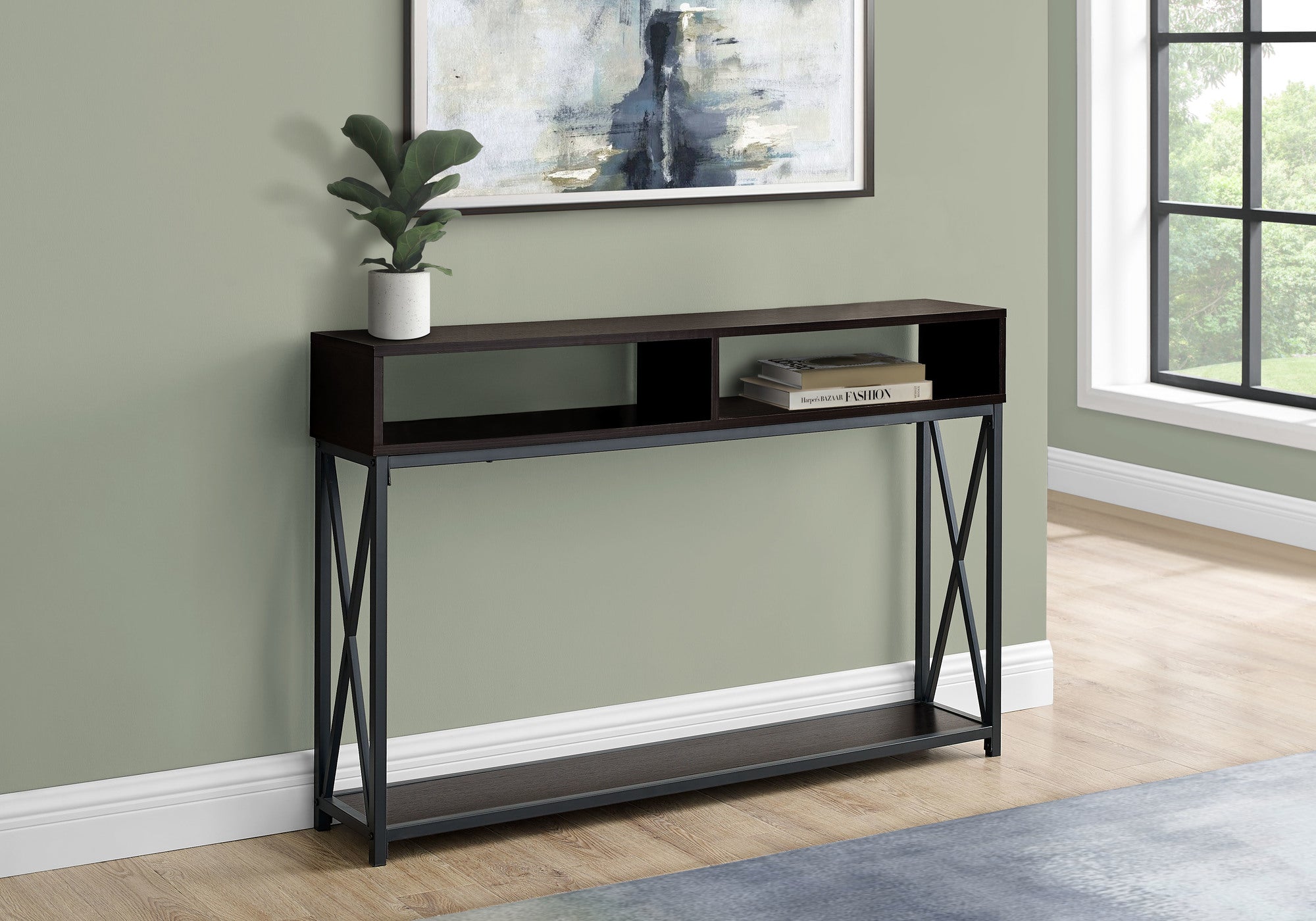48" Rectangular Espressowithblack Metal Hall Console With 2 Shelves Accent Table