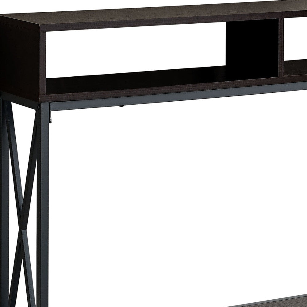 48" Rectangular Espressowithblack Metal Hall Console With 2 Shelves Accent Table