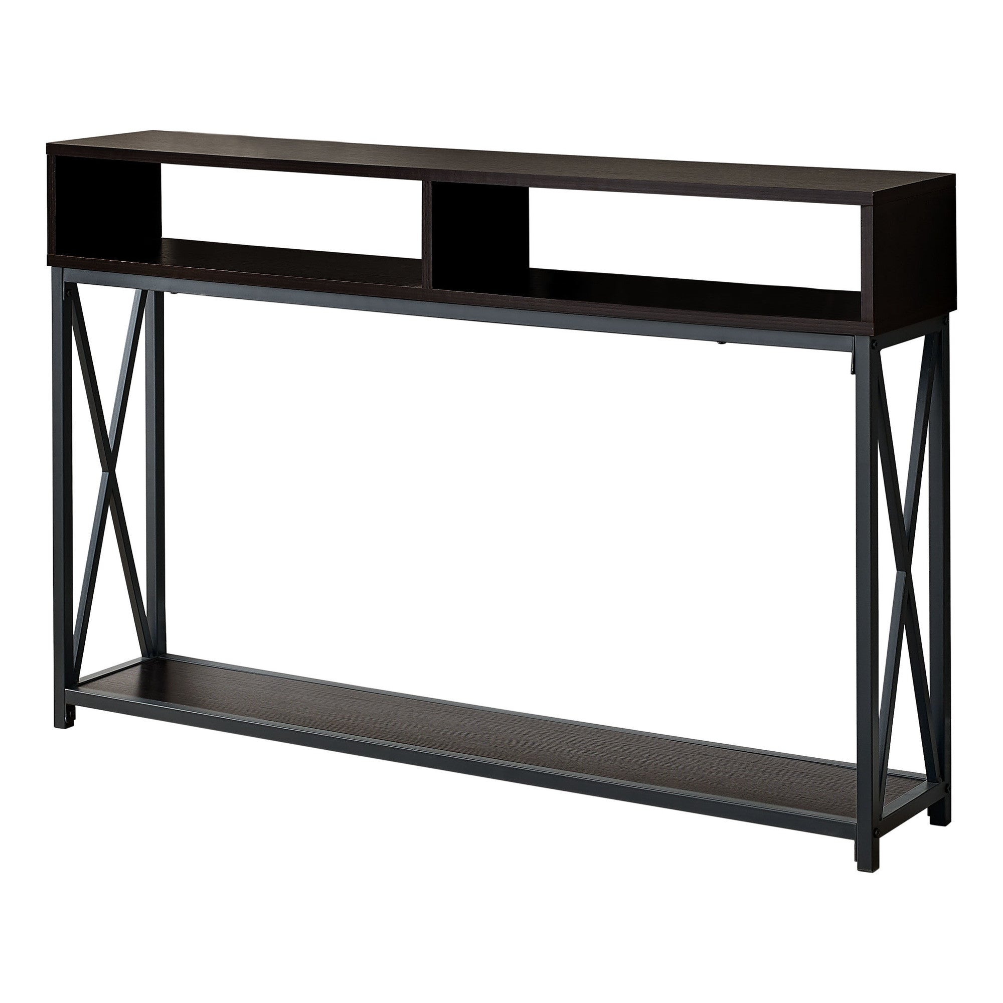 48" Rectangular Espressowithblack Metal Hall Console With 2 Shelves Accent Table