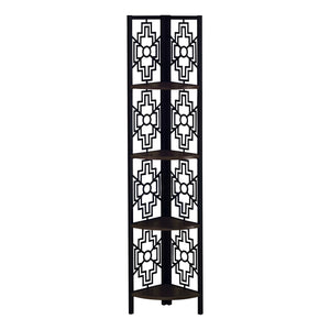 62" Bookcase With 4 Solid Espresso Shelves And Black Metal Corner Etagere
