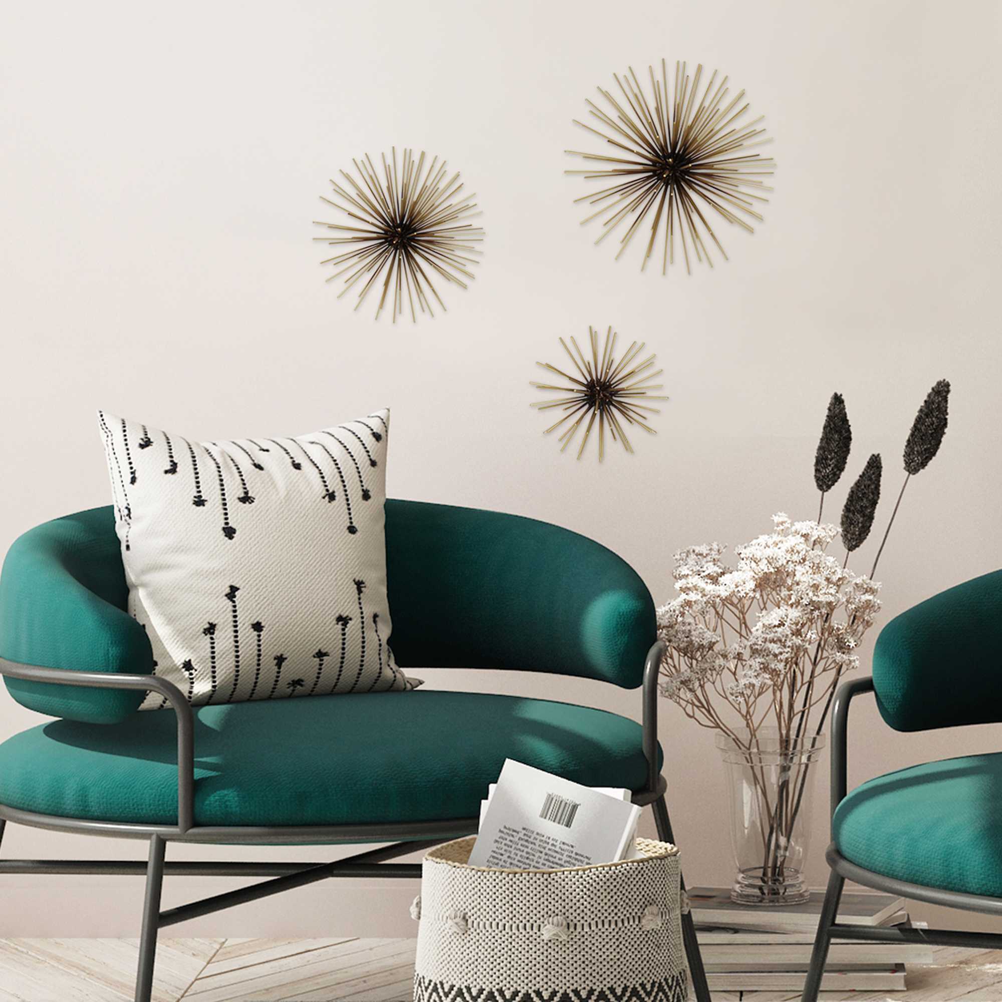 Juego de 3 arte de pared de metal negro y dorado Starburst