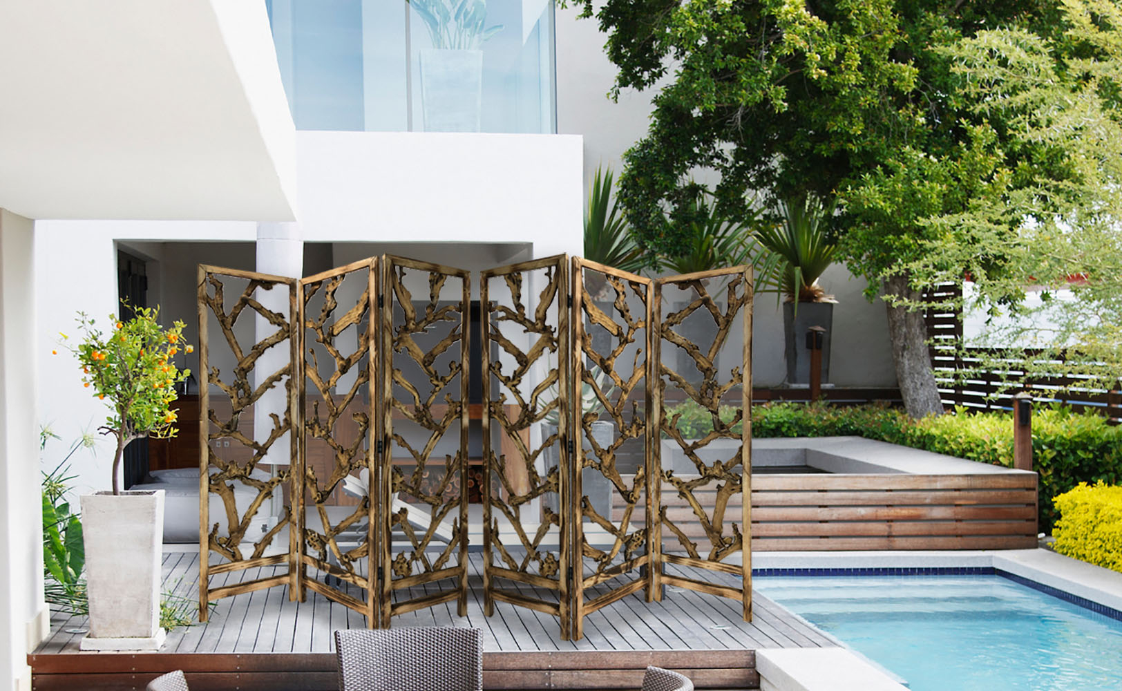 質樸的土木根三面板房間隔斷屏風