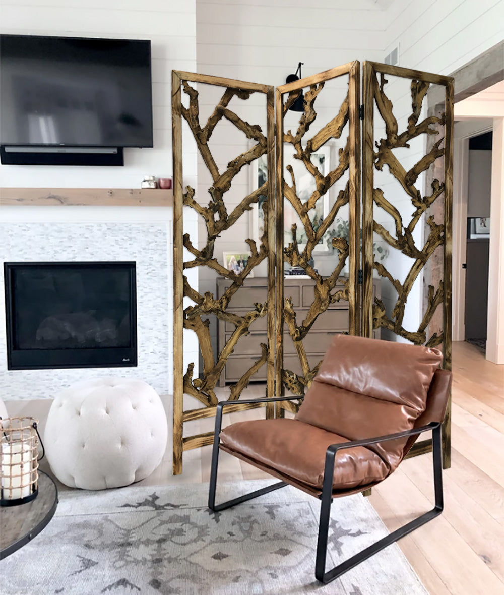 質樸的土木根三面板房間隔斷屏風