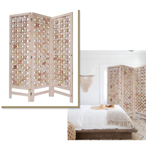 3 Panel Pink Room Divider With Cut Square Wood Design