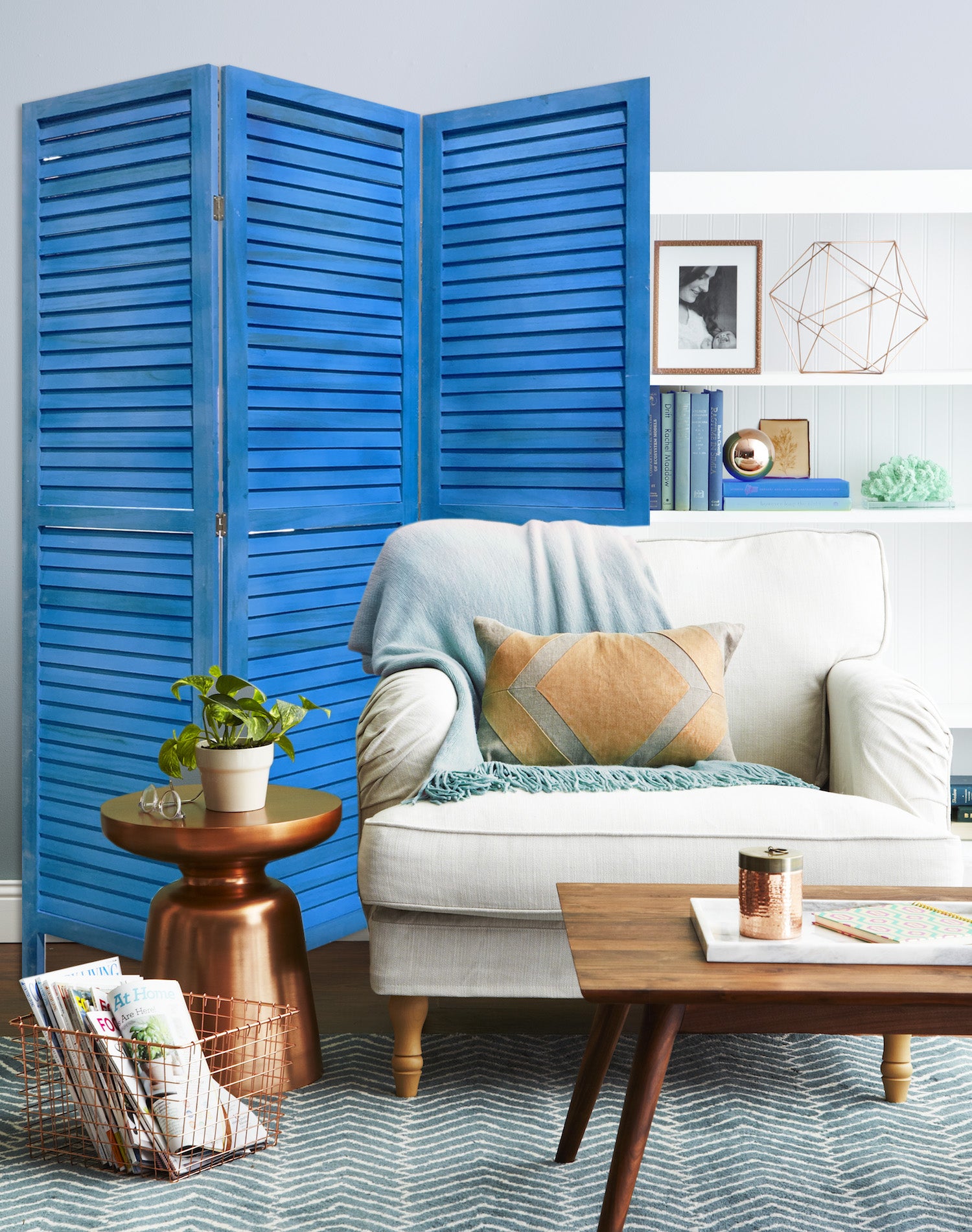 3面板淺藍色百葉窗屏風房間隔斷