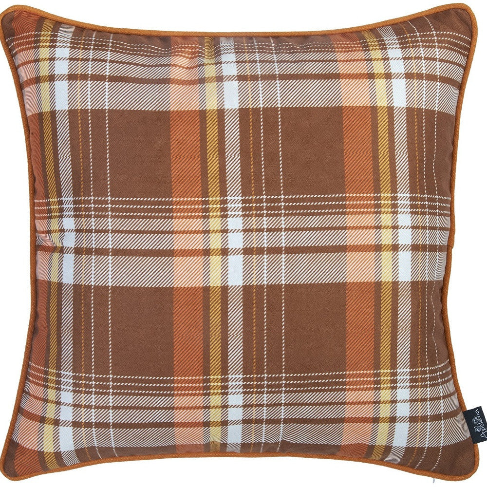 Set Of Four 18" Orange And Brown Plaid Pumpkins Throw Pillow Covers