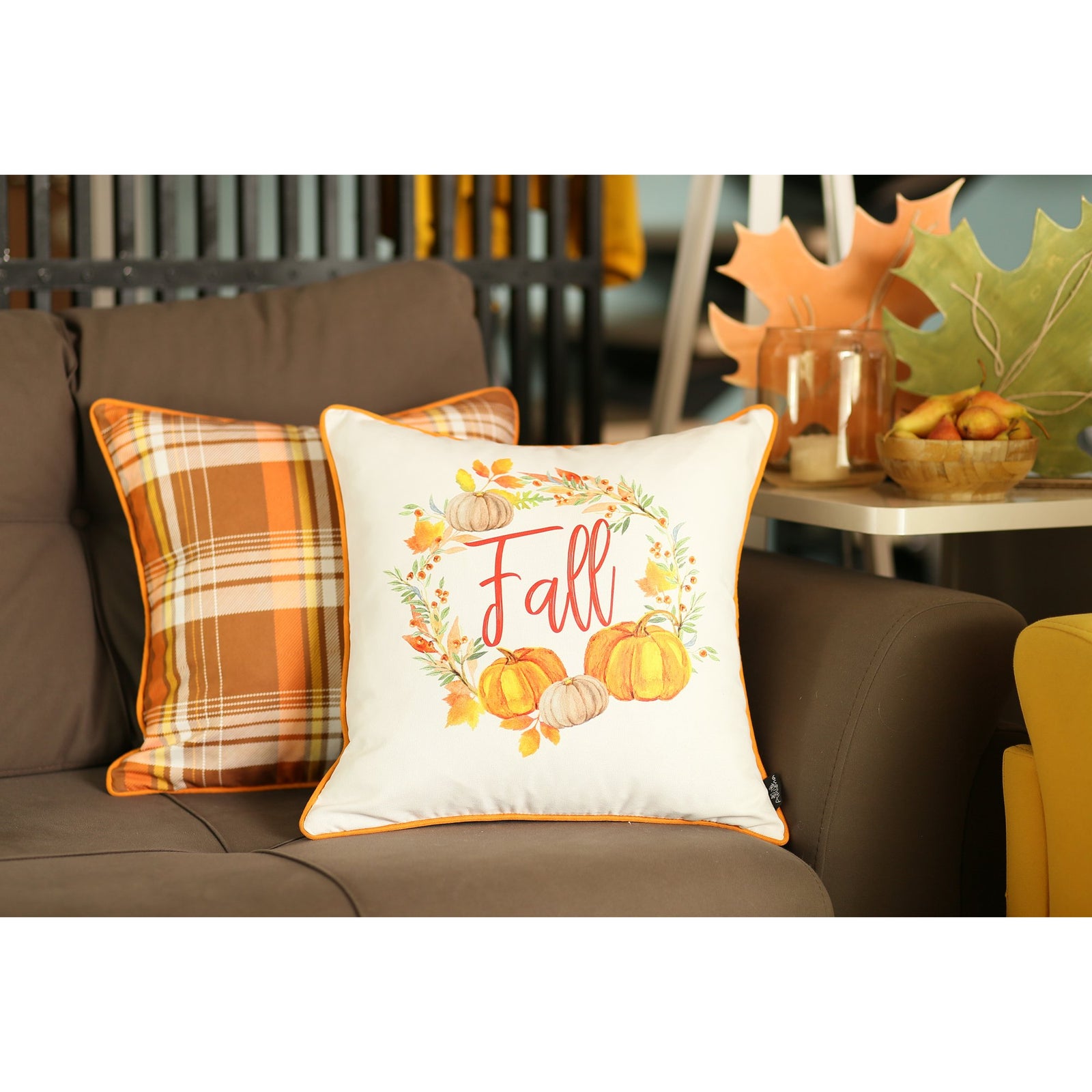Set Of Four 18" Orange And Brown Plaid Pumpkins Throw Pillow Covers