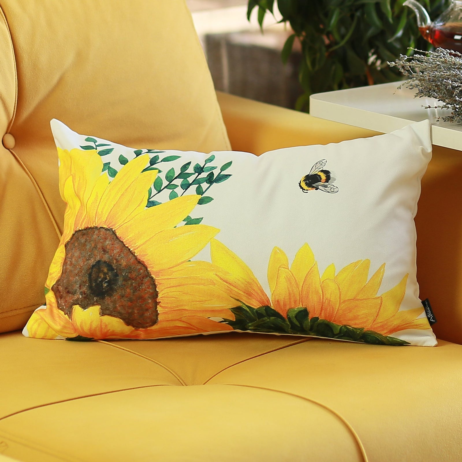 Set Of 2 Sunflower And Bumble Bee Lumbar Pillow Covers