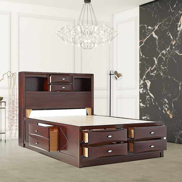 Espresso Finish Wood Multi-Drawer Platform King Bed With Pull Out Tray