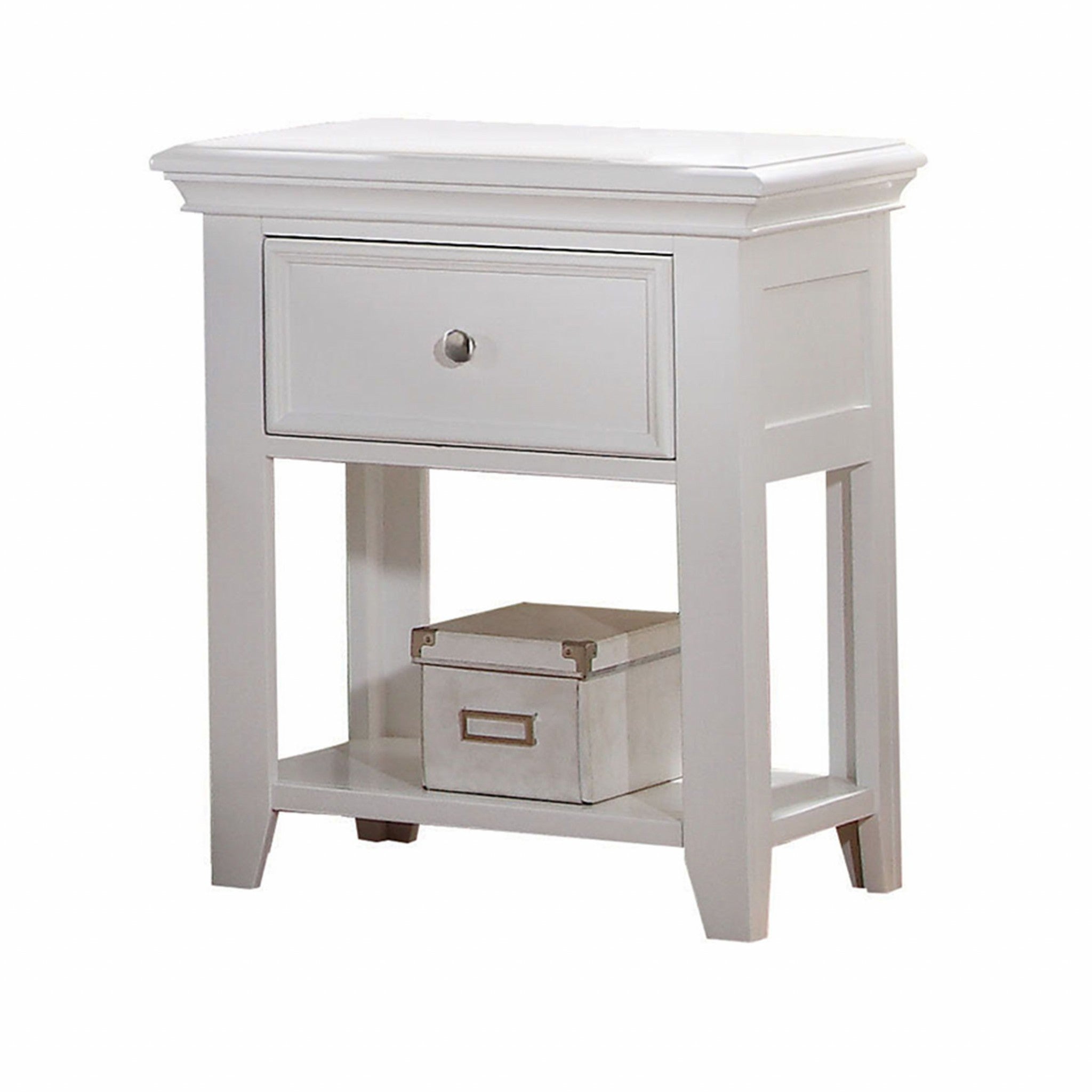 White Wood  Nightstand With 1 Drawer And Shelf