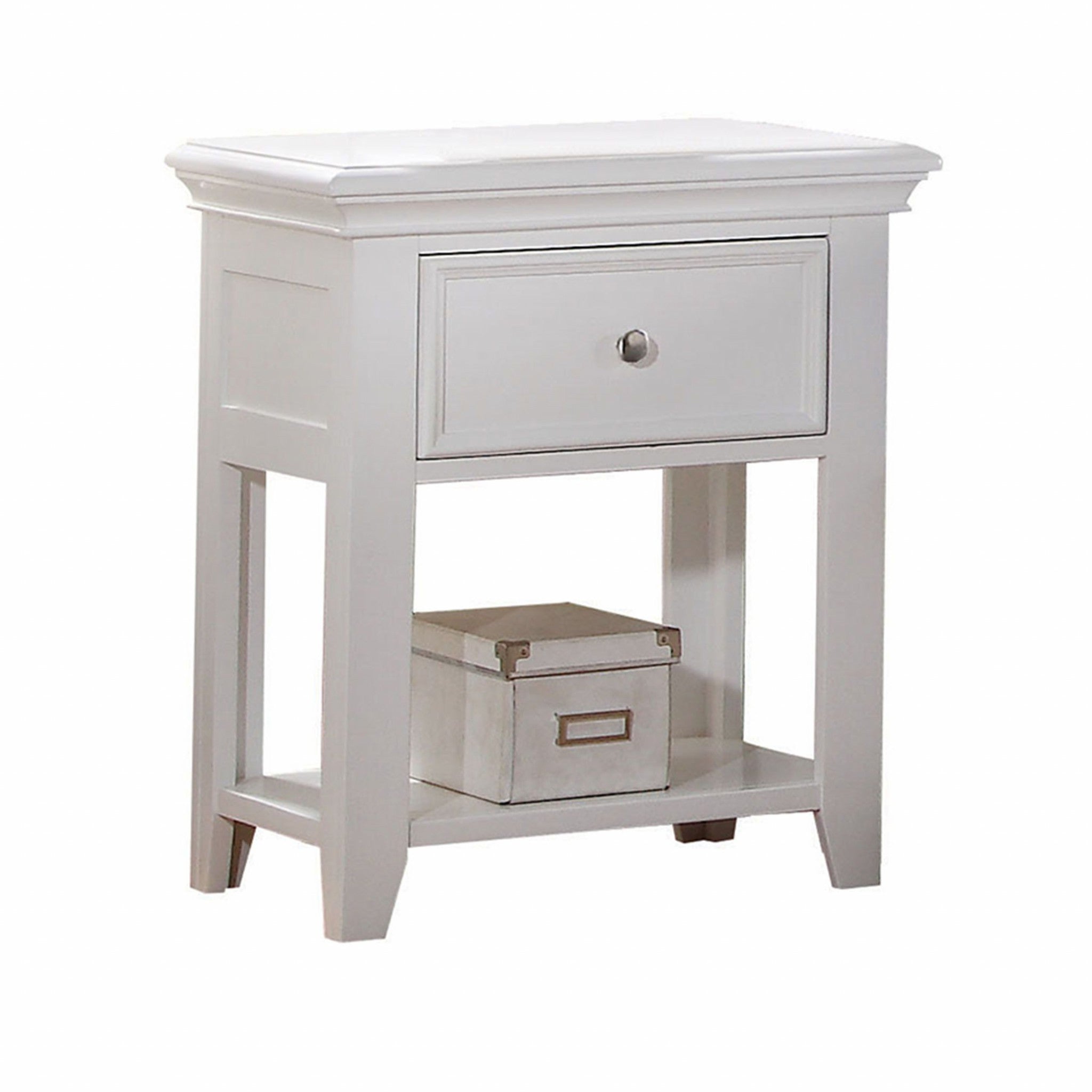 White Wood  Nightstand With 1 Drawer And Shelf