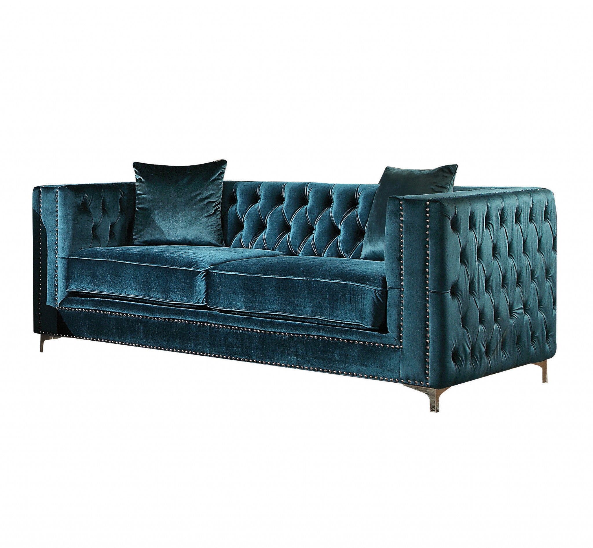 Dark Teal Velvet Loveseat With 2 Pillows