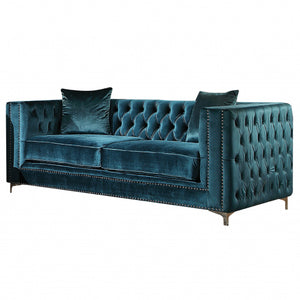 Dark Teal Velvet Loveseat With 2 Pillows