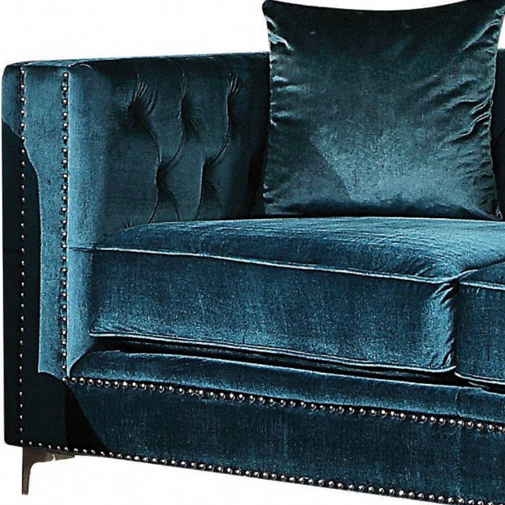 Dark Teal Velvet Loveseat With 2 Pillows