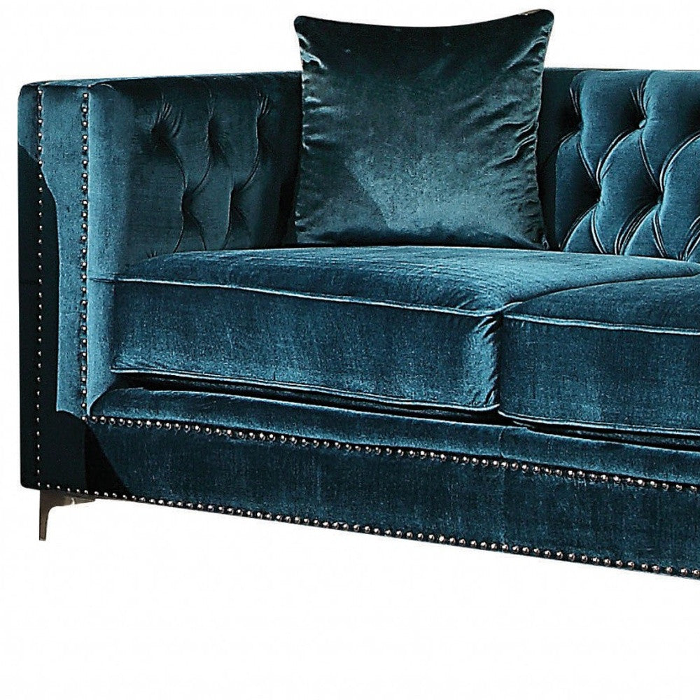 Dark Teal Velvet Loveseat With 2 Pillows