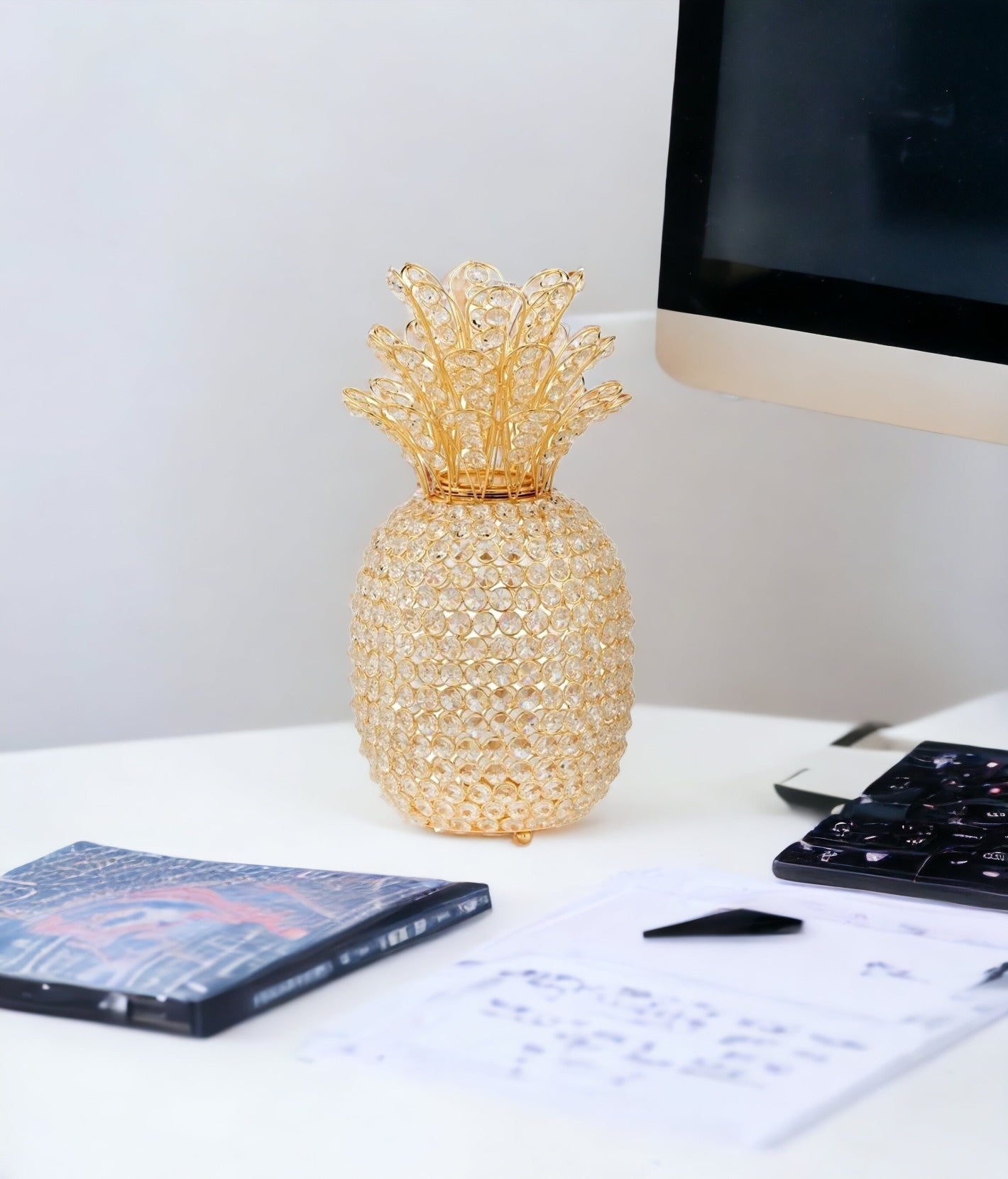 15" Gold Pineapple Faux Crystal Sculpture