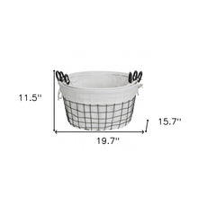 Set Of 3 Oval White Lined And Metal Wire Baskets With Handles