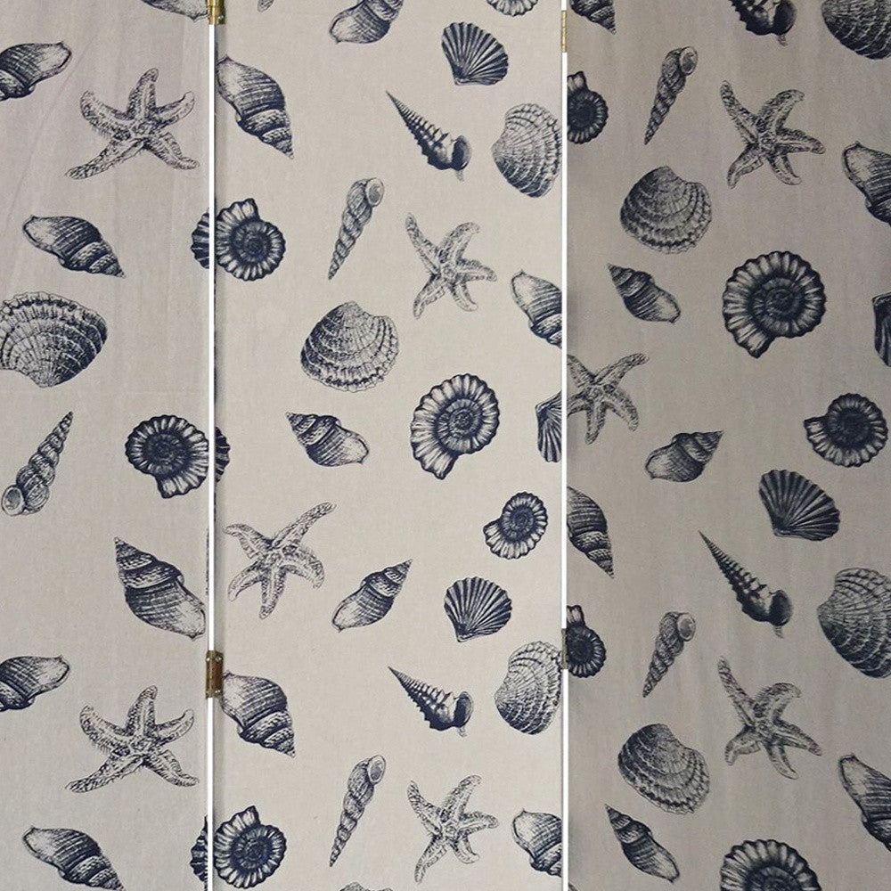 Biombo de 3 paneles con acabado de tela suave en beige y azul