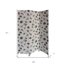 Biombo de 3 paneles con acabado de tela suave en beige y azul