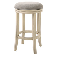 Bar Height Round Swivel Solid Wood Stool In Distressed Ivory Finished With Quartz Fabric
