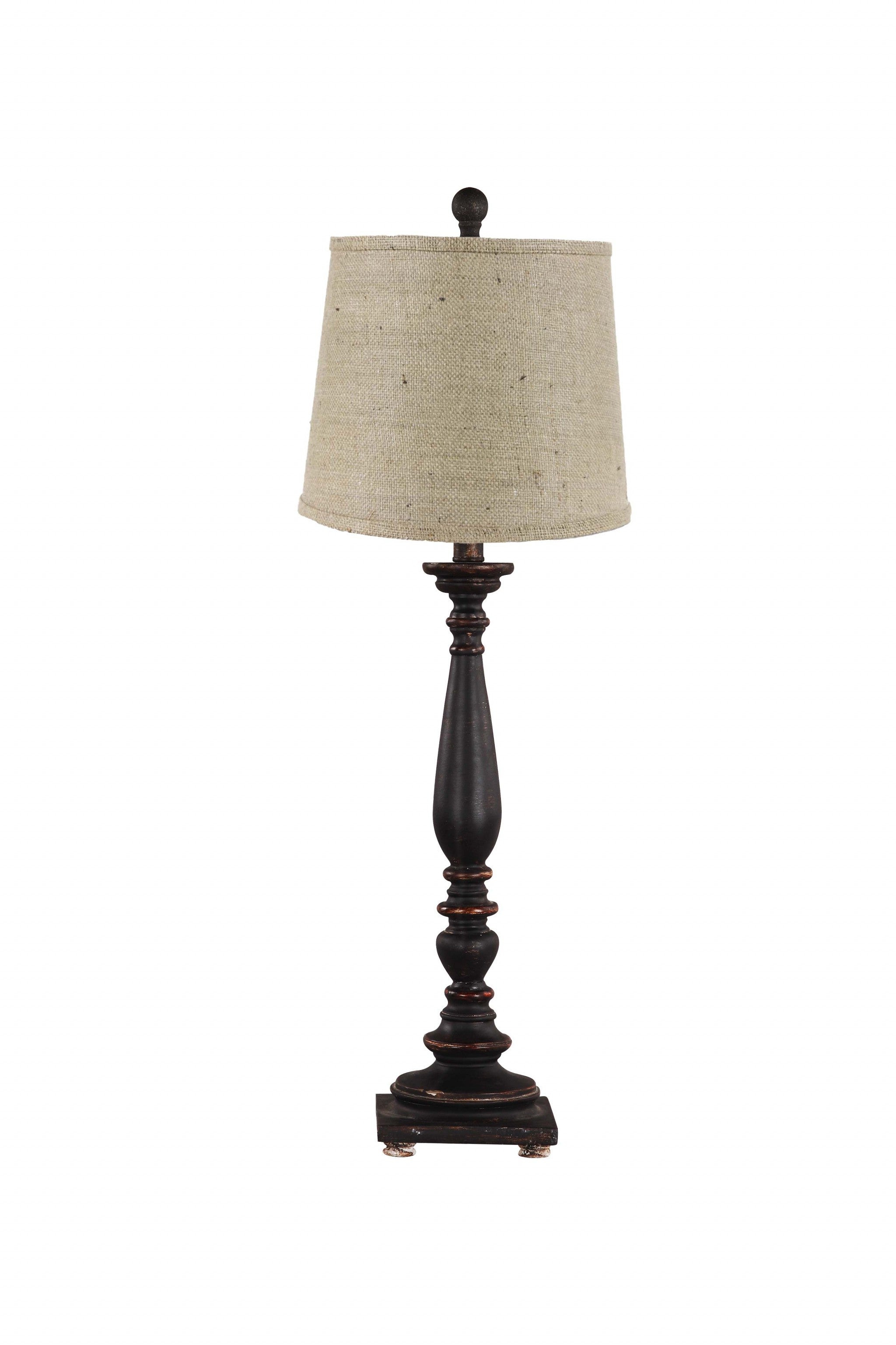 Distressed Black Traditional Table Lamp With Natural Burlap Fabric Shade