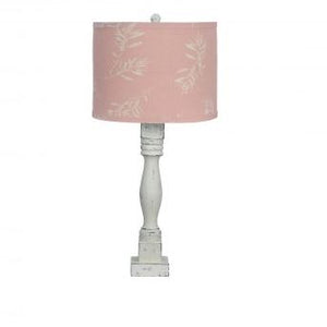 Distressed White Table Lamp With Olive Branch Pink Shade