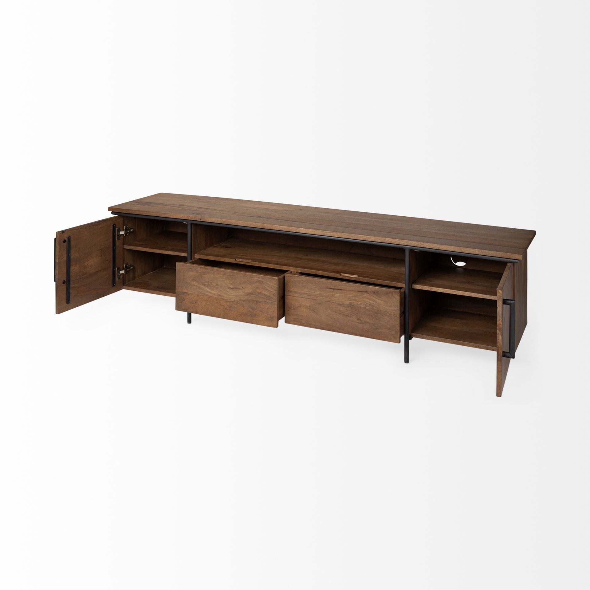 Medium Brown Solid Mango Wood Finish Tv Stand Media Console With 4 Cabinets And Single Open Shelf