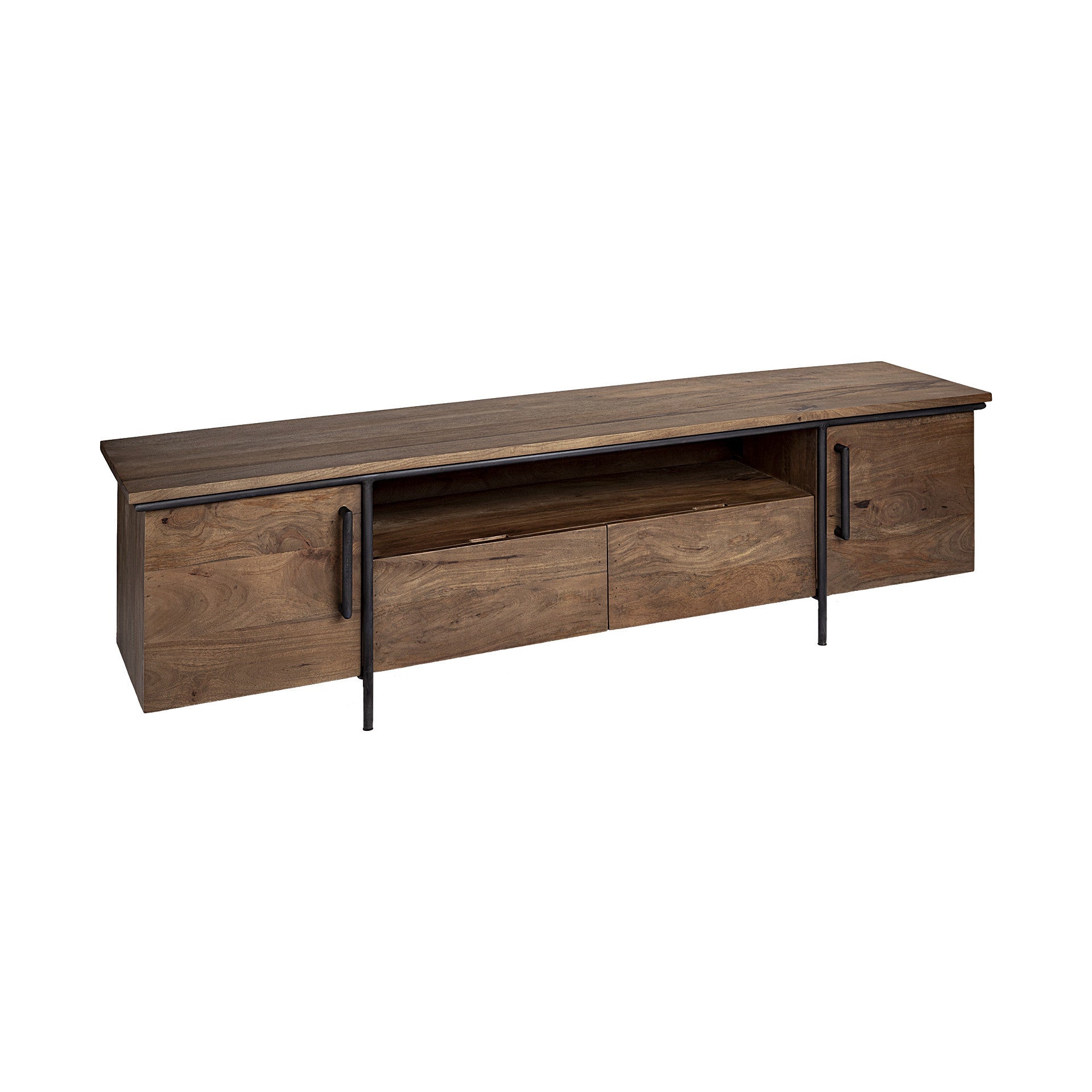 Medium Brown Solid Mango Wood Finish Tv Stand Media Console With 4 Cabinets And Single Open Shelf